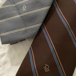 Christian DIOR Tie Set of 2 Geometric Italy Silk Blend Necktie Brown Gray Print